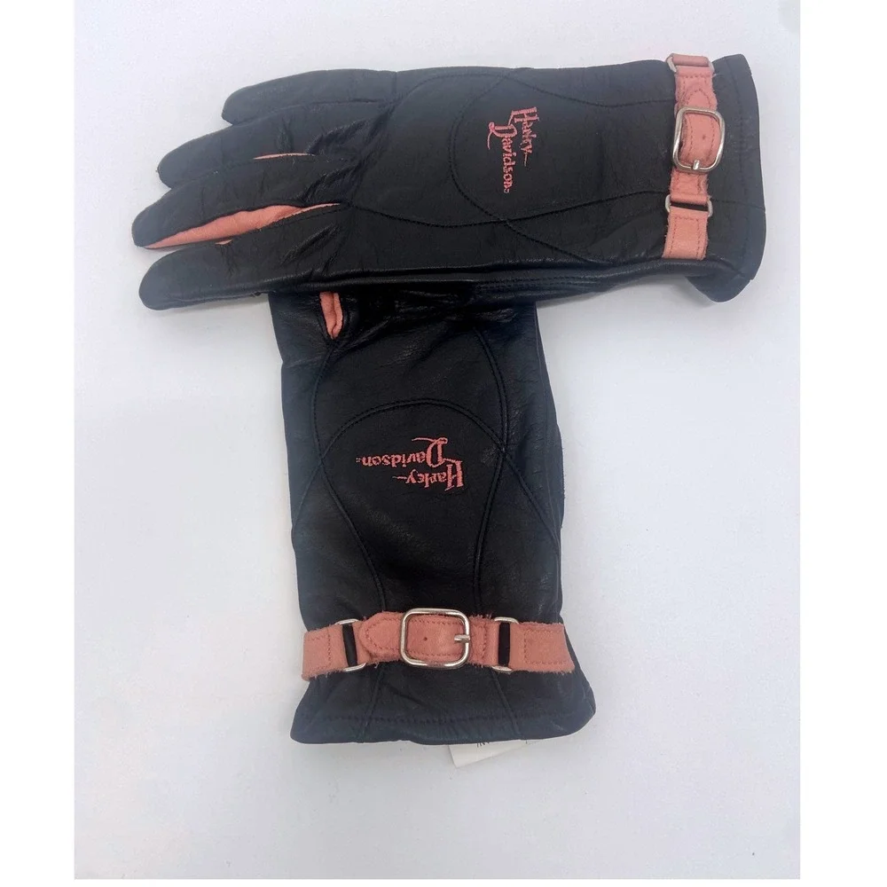Harley Davidson Womens Black/ Pink Leather Riding Gloves Gel Palm 97217 Size Lrg